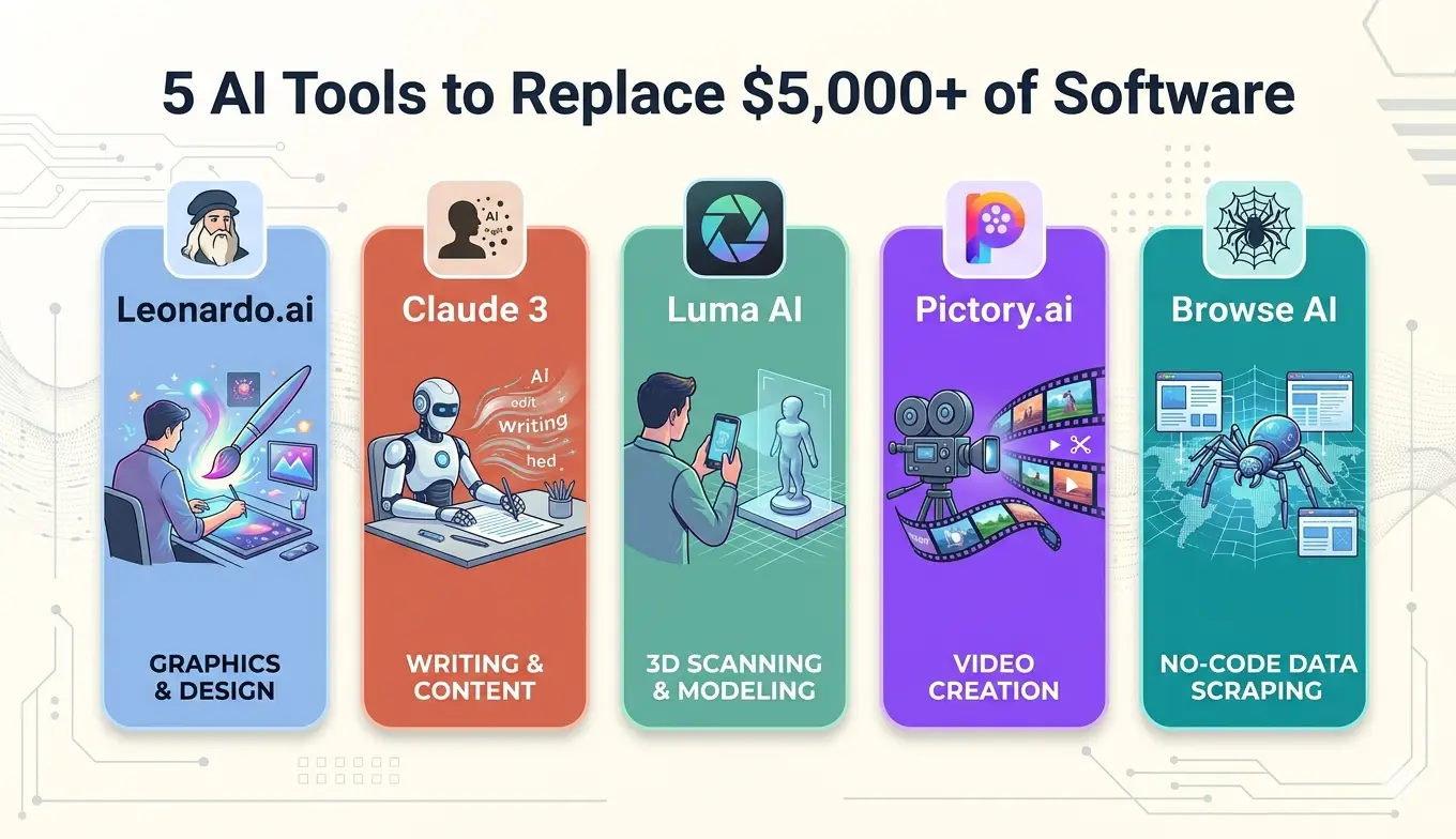 A clean corporate 3D illustration of a laptop showing AI-driven software interfaces, replacing traditional expensive design and coding tools.