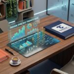 3D isometric executive desk view with glowing glass analytics display for Indian SMB SEO Trends 2026, TechniqCo navy blue binder, and coral orange notebooks.