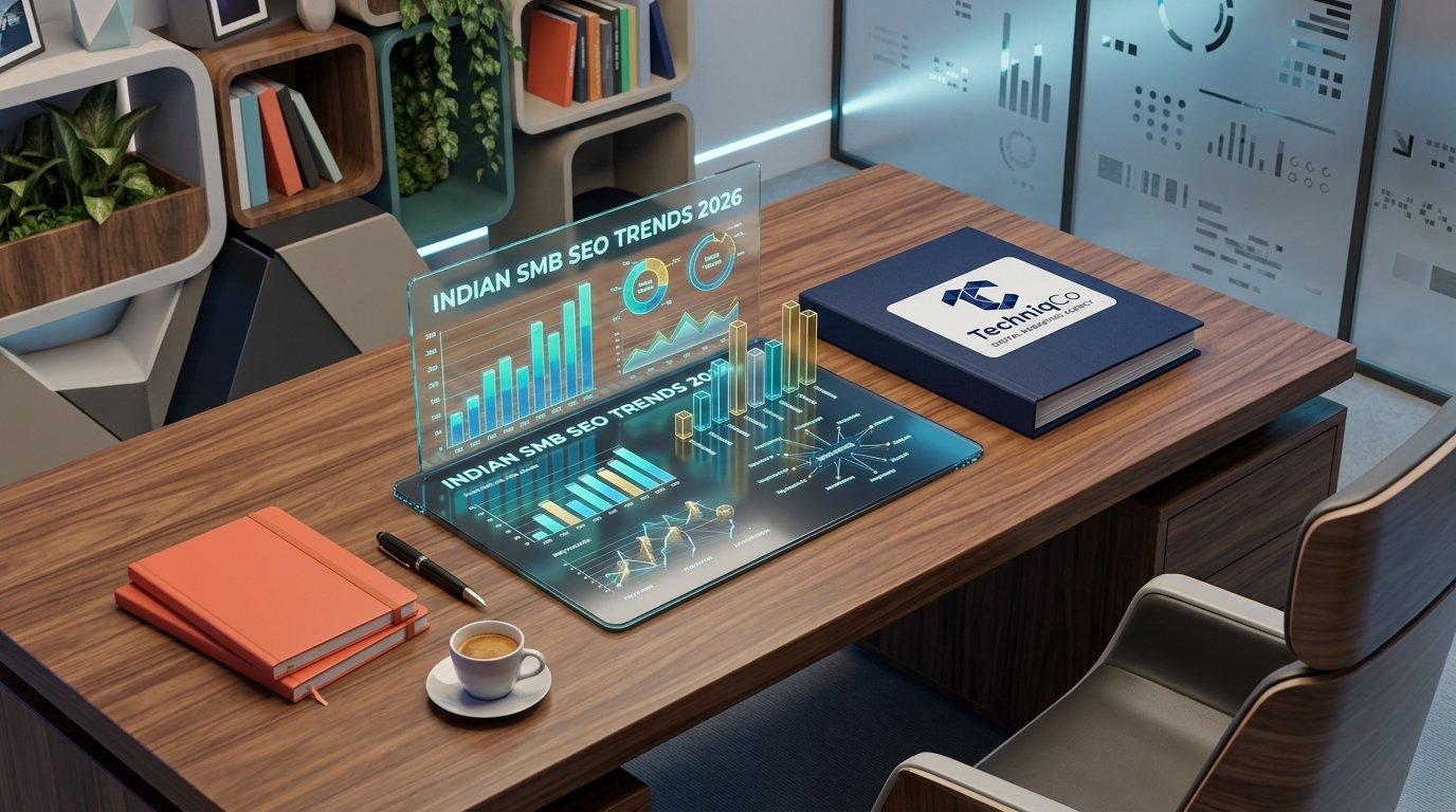 3D isometric executive desk view with glowing glass analytics display for Indian SMB SEO Trends 2026, TechniqCo navy blue binder, and coral orange notebooks.