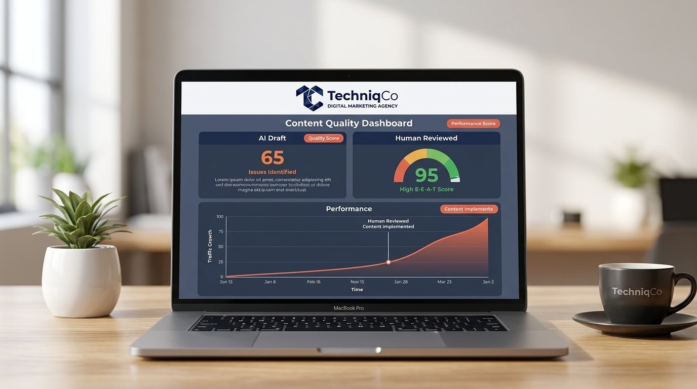 A split-screen illustration showing AI robot content generation on the left and a human writer drafting SEO content on the right, with Google ranking signals in TechniqCo brand colors.