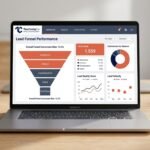 A clean corporate 3D illustration of a digital lead generation funnel converting website visitors into qualified B2B sales leads on a modern dashboard.