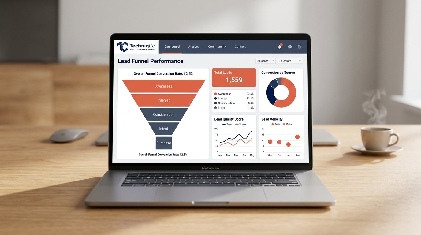 A clean corporate 3D illustration of a digital lead generation funnel converting website visitors into qualified B2B sales leads on a modern dashboard.