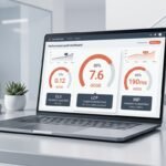 A clean corporate 3D illustration of a laptop displaying a website performance score dashboard with LCP, CLS and INP metrics highlighted in coral-orange and slate gray.