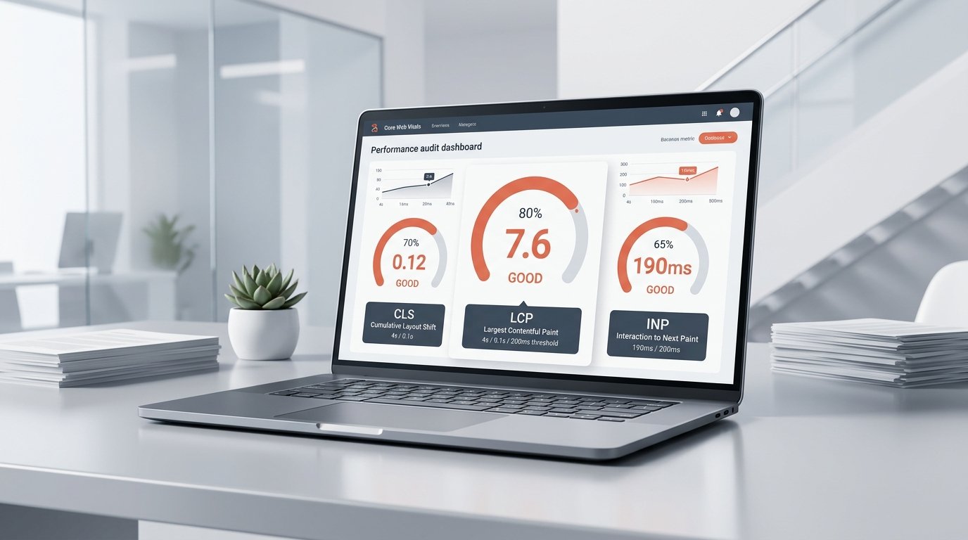 A clean corporate 3D illustration of a laptop displaying a website performance score dashboard with LCP, CLS and INP metrics highlighted in coral-orange and slate gray.