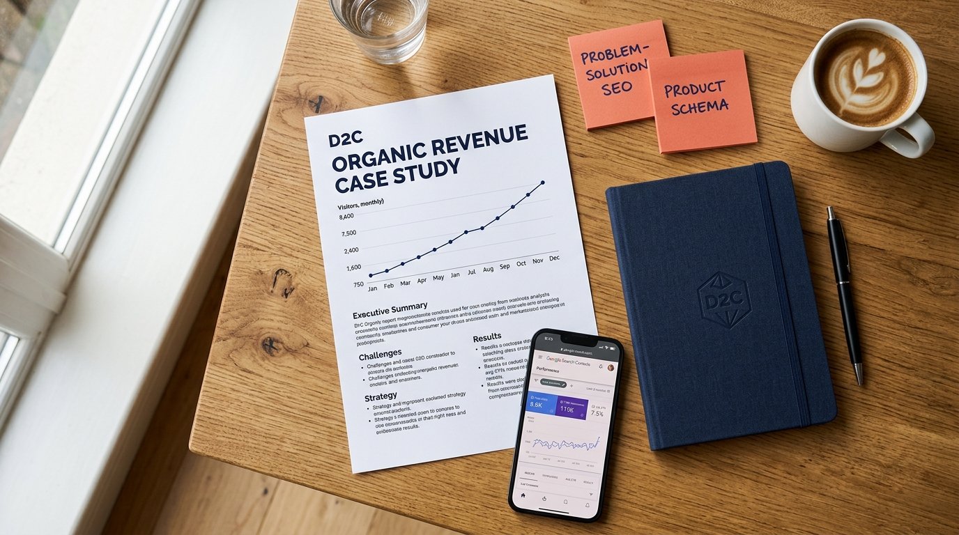 Flat lay desk showing D2C organic revenue growth report paper from 750 to 8,600 visitors, TechniqCo notebook, coffee mug, and smartphone displaying Google Search Console performance.