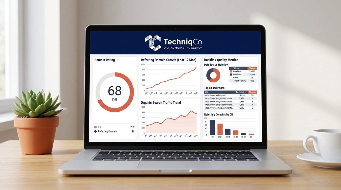 Close-up of a laptop on a clean wooden office desk displaying the TechniqCo domain rating analytics dashboard with DR scores, backlink growth graphs, and referring domain metrics in coral-orange and dark navy brand colors