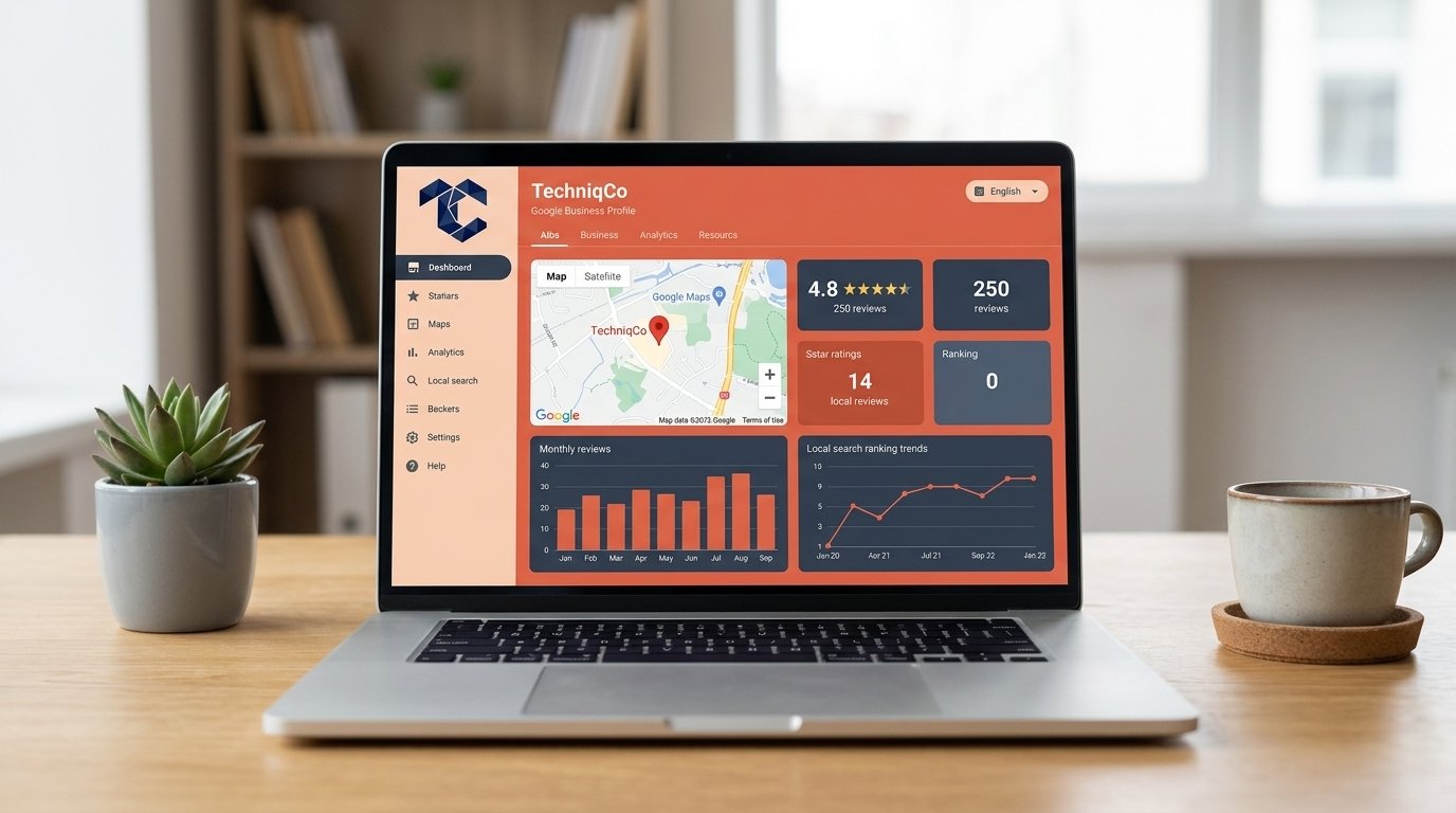 Close-up of a laptop on a clean office desk displaying the TechniqCo Google Business Profile optimization dashboard with local search analytics, review metrics, and map pack ranking data in coral-orange and dark navy brand colours.