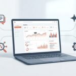 A clean corporate 3D illustration showing a laptop with digital analytics charts, connected by dotted vector lines to AI search icons representing Generative Engine Optimization (GEO) strategies.