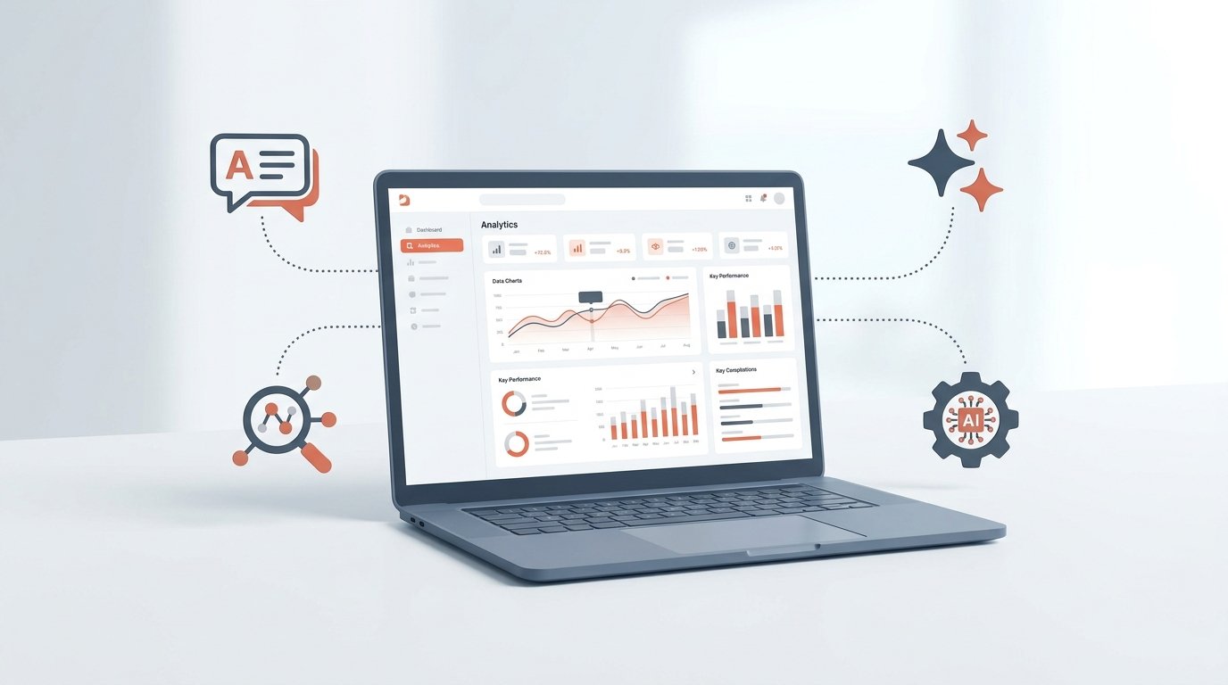 A clean corporate 3D illustration showing a laptop with digital analytics charts, connected by dotted vector lines to AI search icons representing Generative Engine Optimization (GEO) strategies.