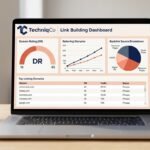 Laptop on a clean wooden office desk displaying the TechniqCo link building analytics dashboard with referring domain growth charts and Domain Rating progression in coral-orange and dark navy brand colors.