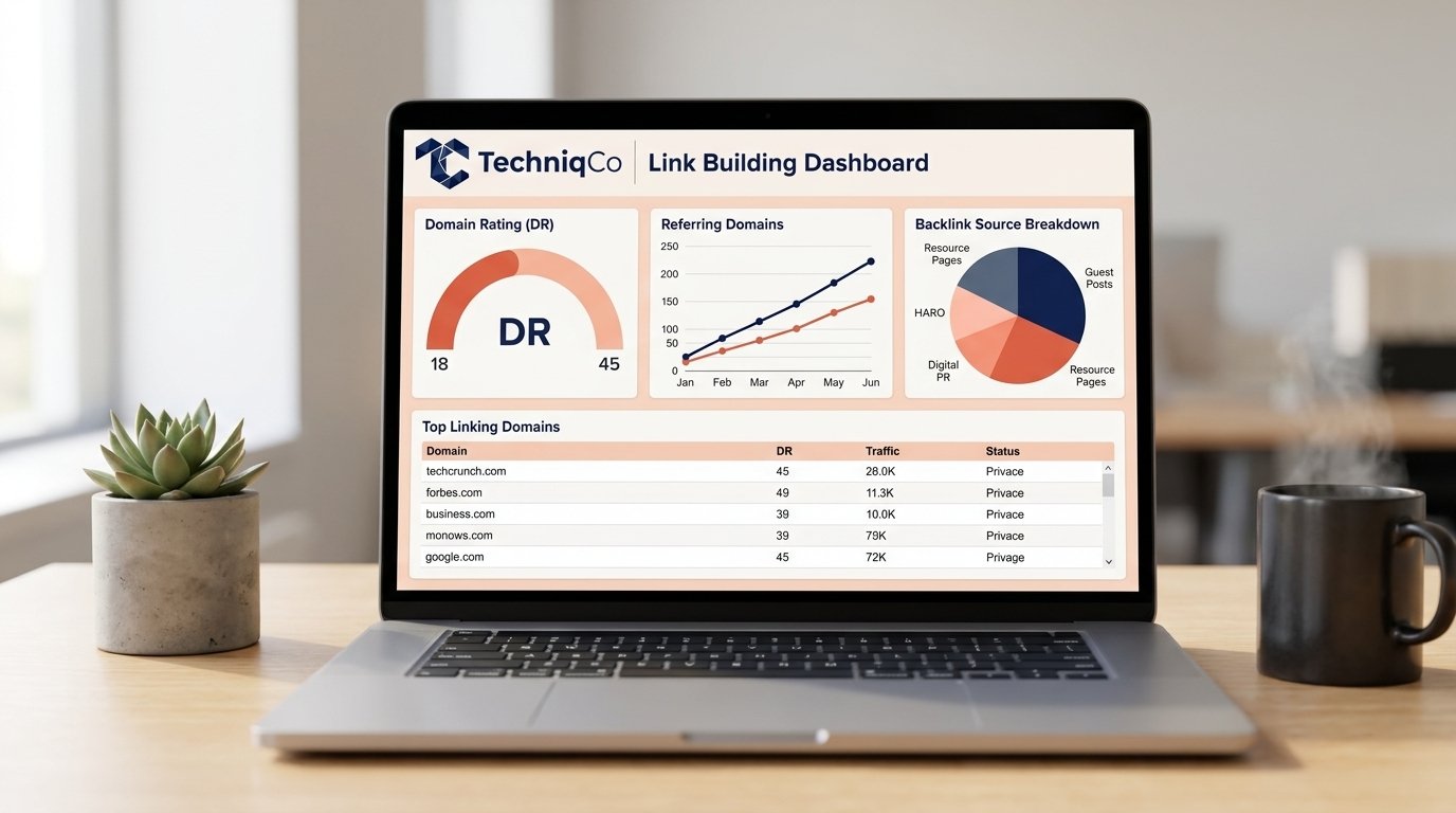 Laptop on a clean wooden office desk displaying the TechniqCo link building analytics dashboard with referring domain growth charts and Domain Rating progression in coral-orange and dark navy brand colors.