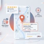A clean corporate 3D illustration displaying a map of India with a Google Maps pin locator, connected to local business icons representing Local SEO India strategies.