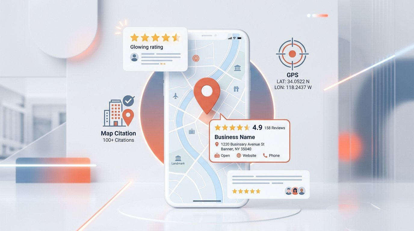A clean corporate 3D illustration displaying a map of India with a Google Maps pin locator, connected to local business icons representing Local SEO India strategies.