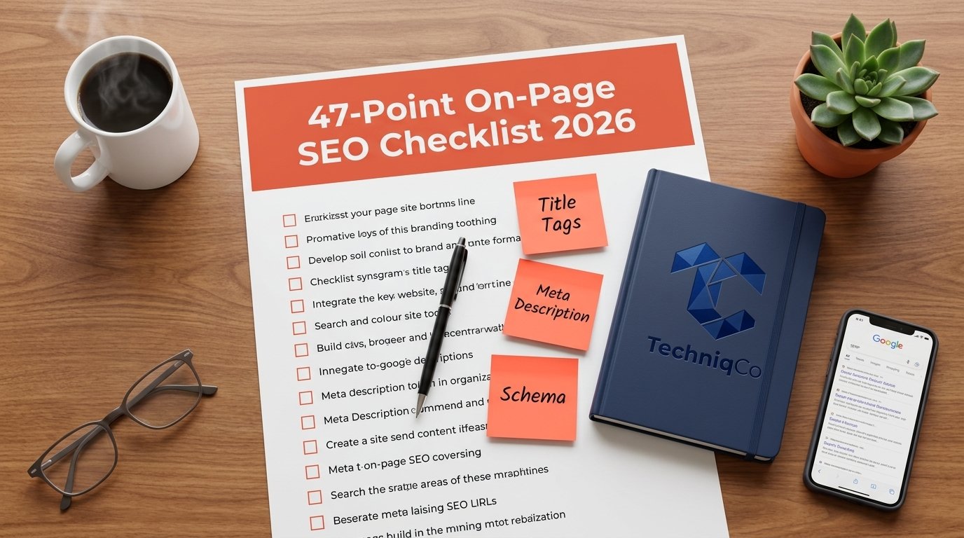 Bird's eye flat lay of a printed 47-Point On-Page SEO Checklist 2026 document on a wooden desk with a TechniqCo branded notebook, coral-orange sticky notes labeled Title Tags, Meta Description and Schema, a ballpoint pen, coffee mug, glasses, and a smartphone showing Google search results.