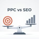 A clean corporate 3D illustration with the text 'PPC vs SEO' displayed at the top, showing a scale balancing a paid PPC ad target icon and an organic SEO search growth graph icon.