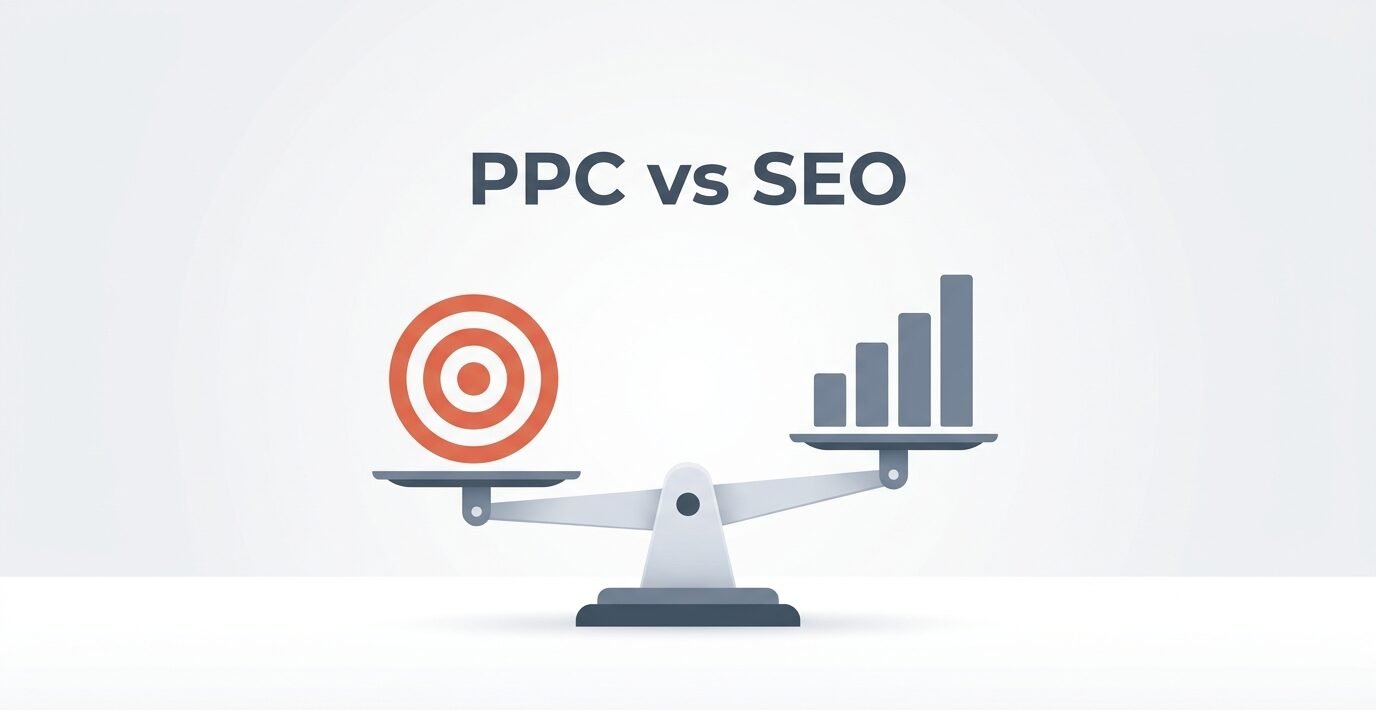 A clean corporate 3D illustration with the text 'PPC vs SEO' displayed at the top, showing a scale balancing a paid PPC ad target icon and an organic SEO search growth graph icon.