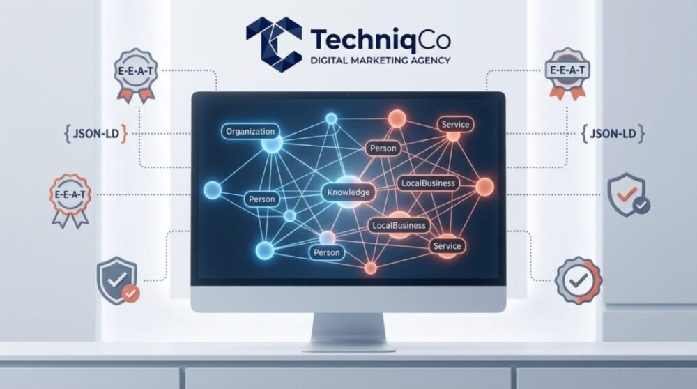 TechniqCo corporate 3D Knowledge Graph illustration showing connected Schema.org Person, Organization, LocalBusiness, and Service nodes for AI Search E-E-A-T