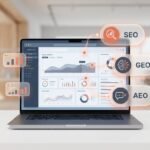 A clean corporate 3D illustration displaying a central digital hub connecting three search nodes labeled SEO, GEO, and AEO on a modern laptop dashboard.