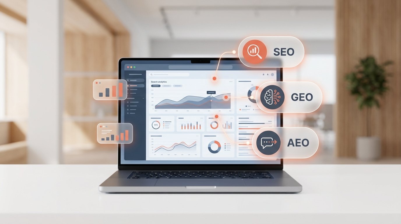 A clean corporate 3D illustration displaying a central digital hub connecting three search nodes labeled SEO, GEO, and AEO on a modern laptop dashboard.