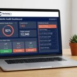 Close-up of a laptop on a clean wooden office desk displaying the TechniqCo website audit dashboard with technical SEO scores, Core Web Vitals metrics, and crawl error reports in coral-orange and dark navy brand colors.