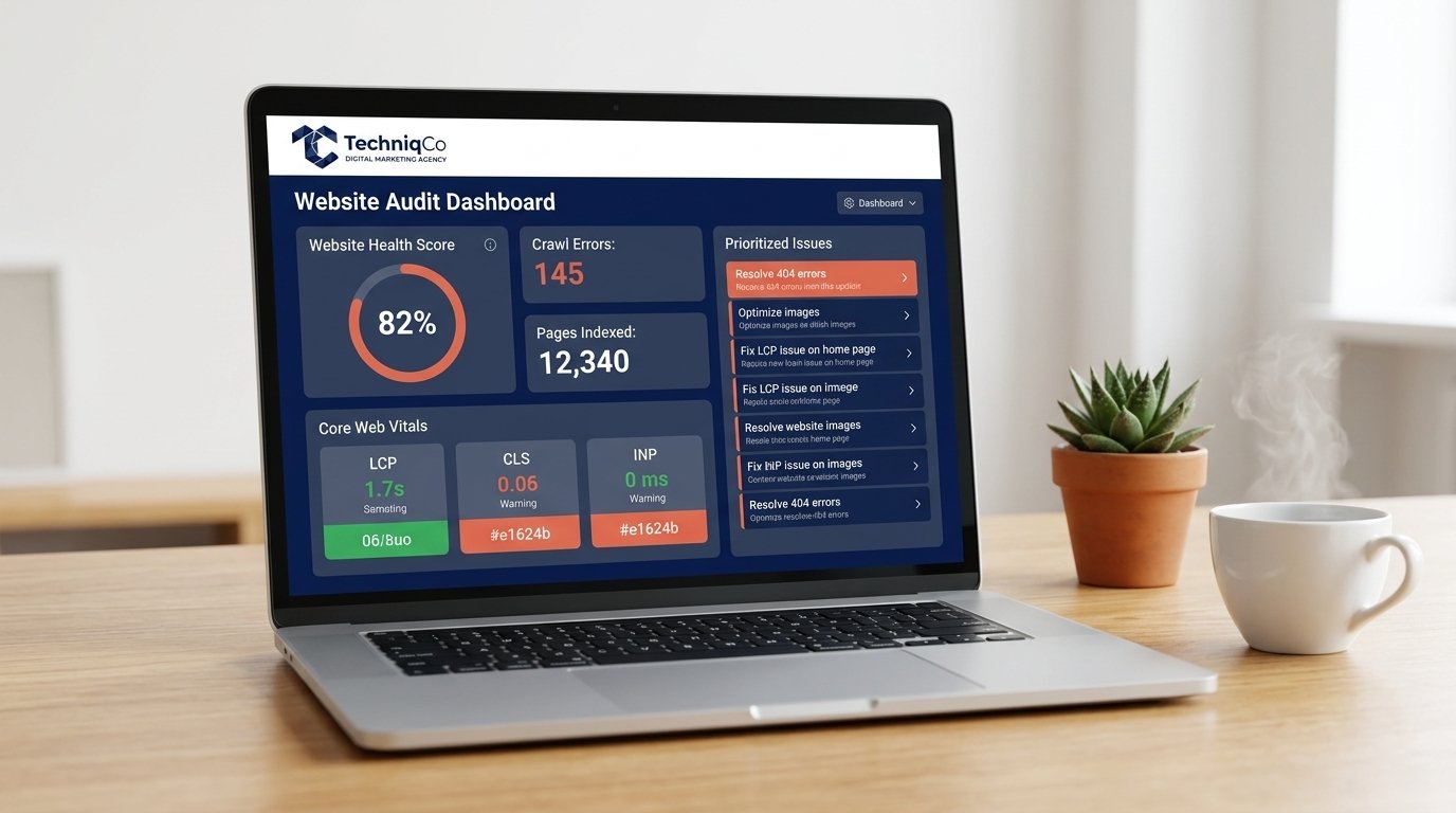 Close-up of a laptop on a clean wooden office desk displaying the TechniqCo website audit dashboard with technical SEO scores, Core Web Vitals metrics, and crawl error reports in coral-orange and dark navy brand colors.