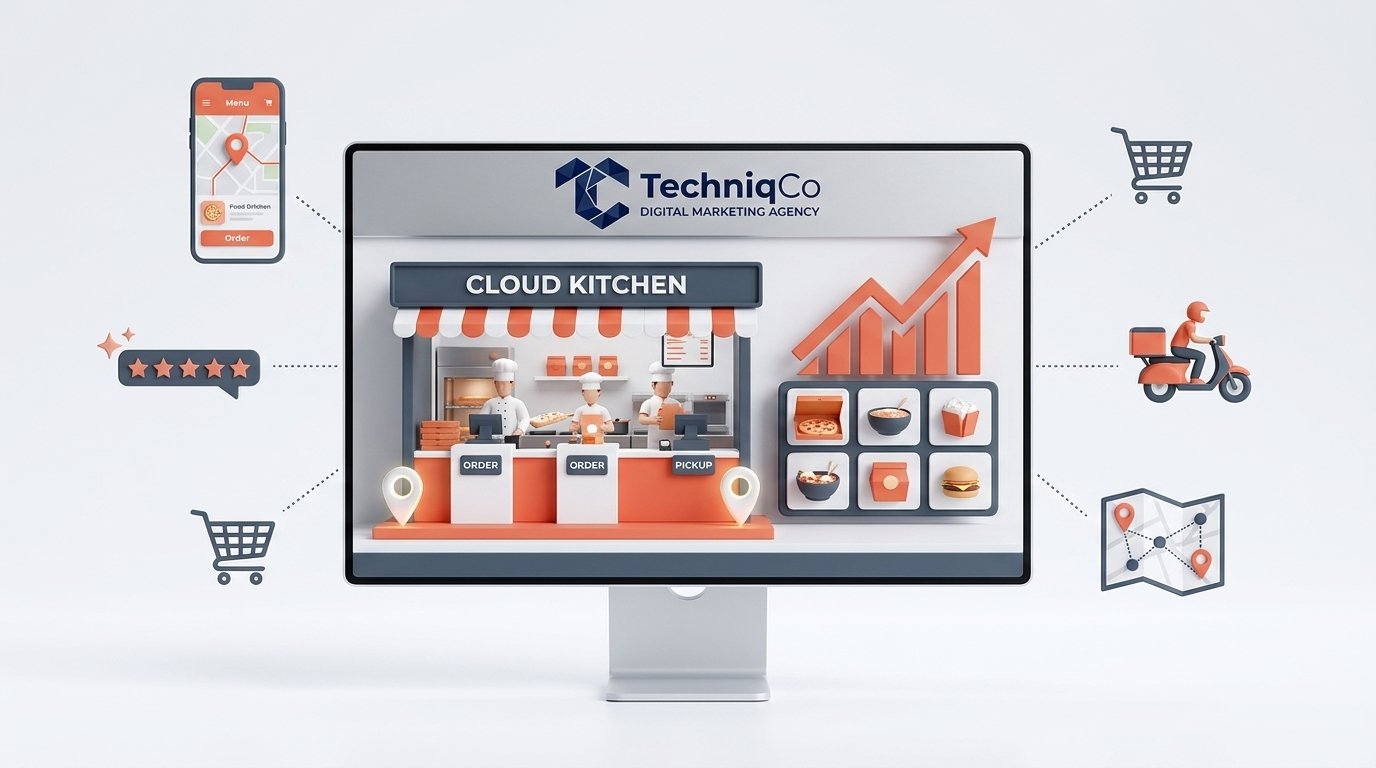 TechniqCo 3D illustration showing cloud kitchen storefront, local SEO map pins, and direct mobile food ordering growth graph.
