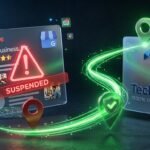 A high-tech 3D conceptual illustration of Google Business Profile recovery. Features a frosted glass UI card displaying a suspended local business listing with 5 golden stars overlaid by a red warning triangle. Two red map location pins merge to symbolize a duplicate listing issue. A bright glowing green recovery pathway sweeps across the scene toward a restored, verified green location pin. The official TechniqCo logo is seamlessly etched onto a sleek hovering glass panel.