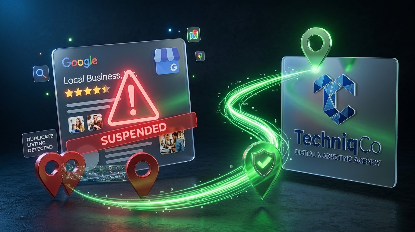 A high-tech 3D conceptual illustration of Google Business Profile recovery. Features a frosted glass UI card displaying a suspended local business listing with 5 golden stars overlaid by a red warning triangle. Two red map location pins merge to symbolize a duplicate listing issue. A bright glowing green recovery pathway sweeps across the scene toward a restored, verified green location pin. The official TechniqCo logo is seamlessly etched onto a sleek hovering glass panel.