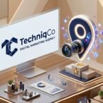 Official TechniqCo Digital Marketing Agency 3D logo with dark navy low-poly TC emblem beside glowing Google Maps AI location pin, camera lens, and #1 rank local 3-pack podium on executive desk.