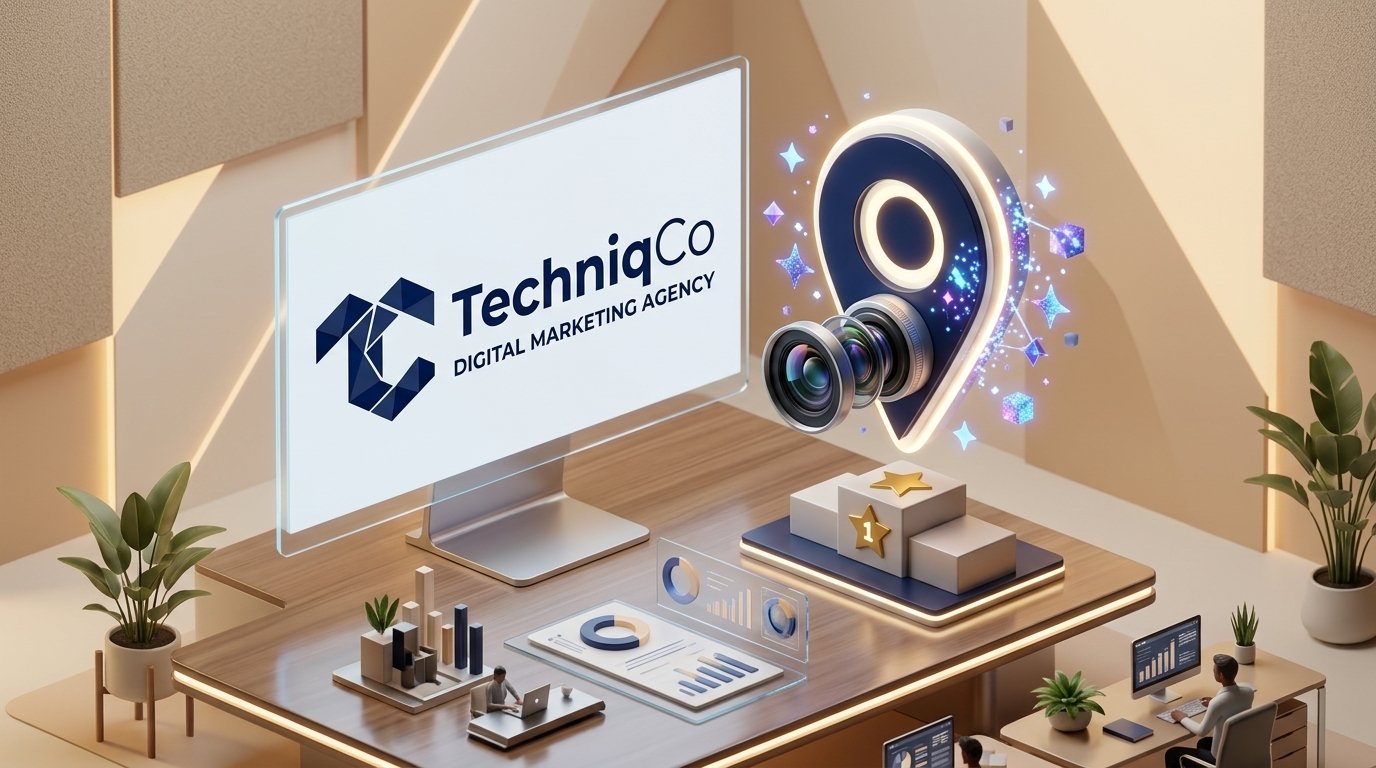 Official TechniqCo Digital Marketing Agency 3D logo with dark navy low-poly TC emblem beside glowing Google Maps AI location pin, camera lens, and #1 rank local 3-pack podium on executive desk.