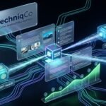 High-tech 3D conceptual illustration by TechniqCo depicting Generative Engine Optimization (GEO). Shows glowing holographic UI screens with conversational AI citation feeds connecting 3D engine nodes for ChatGPT Search, Perplexity AI, and Google Gemini to a central Brand Entity knowledge core, with rising green citation visibility bars and the official TechniqCo logo in the top left.