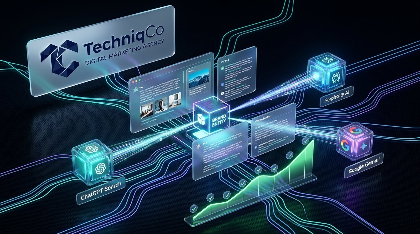 High-tech 3D conceptual illustration by TechniqCo depicting Generative Engine Optimization (GEO). Shows glowing holographic UI screens with conversational AI citation feeds connecting 3D engine nodes for ChatGPT Search, Perplexity AI, and Google Gemini to a central Brand Entity knowledge core, with rising green citation visibility bars and the official TechniqCo logo in the top left.