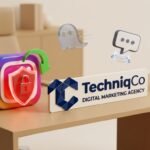 Official TechniqCo Digital Marketing Agency 3D logo featuring faceted dark navy TC emblem beside an Instagram app icon with red suspension shield, shadow ban ghost, comment restriction speech bubble, and green reach recovery growth chart on executive desk.
