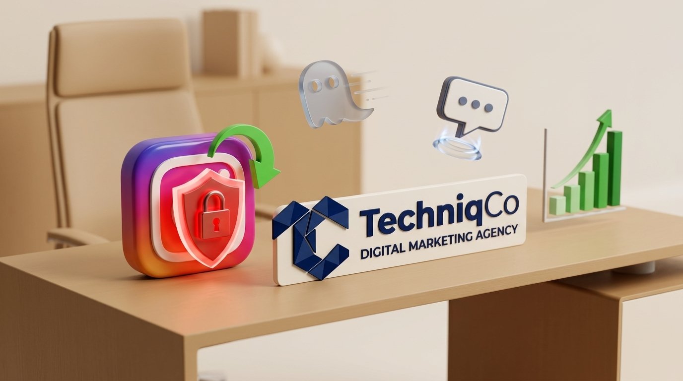 Official TechniqCo Digital Marketing Agency 3D logo featuring faceted dark navy TC emblem beside an Instagram app icon with red suspension shield, shadow ban ghost, comment restriction speech bubble, and green reach recovery growth chart on executive desk.