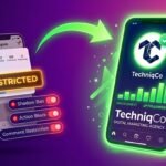 Before and after illustration of Instagram account recovery by TechniqCo Digital Marketing Agency. Left side shows a smartphone with a glowing amber RESTRICTED banner and Shadow Ban, Action Block, Comment Restriction toggle pills. A green arrow sweeps to the right where TechniqCo's Instagram profile glows in neon green with a verified badge, rising follower bars and engagement chart.