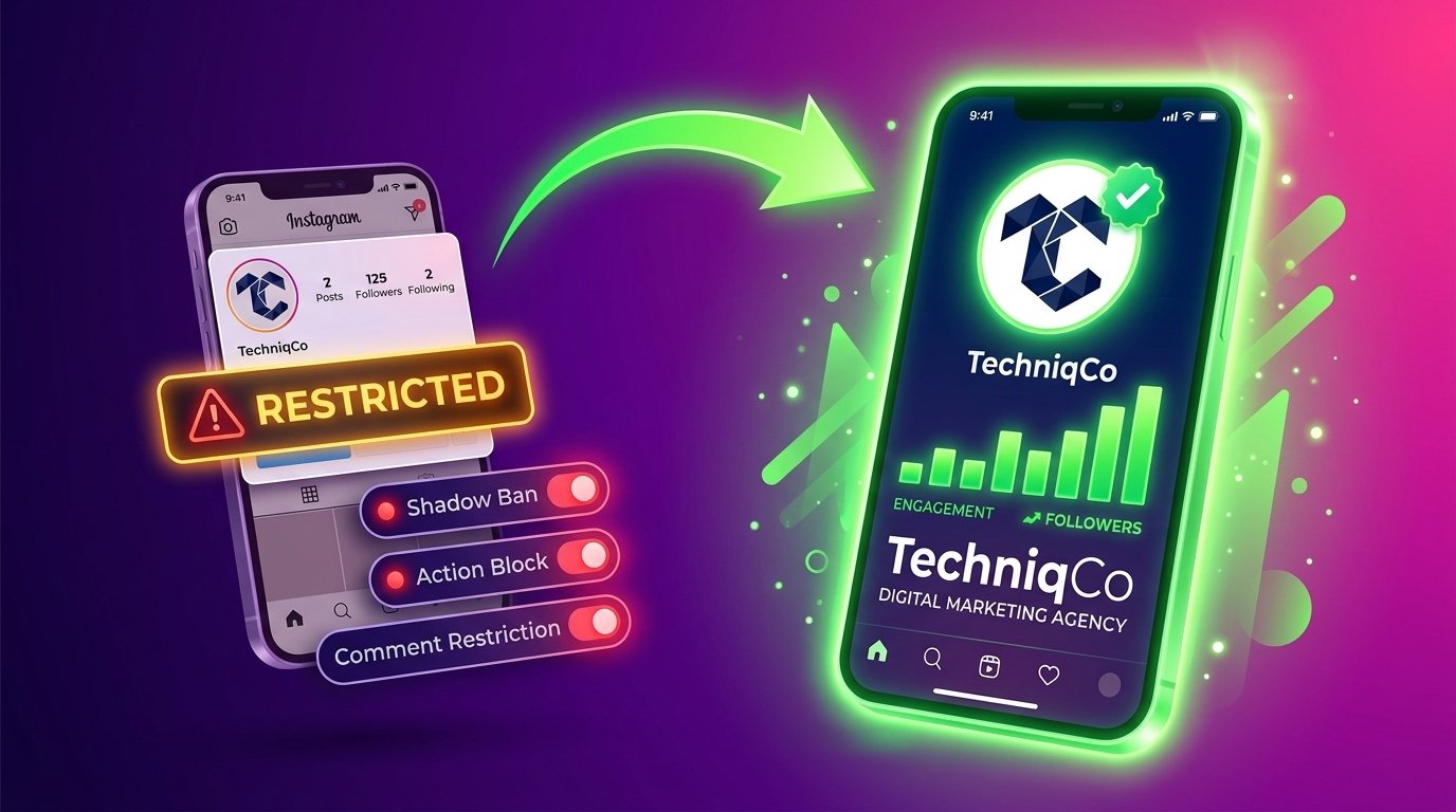 Before and after illustration of Instagram account recovery by TechniqCo Digital Marketing Agency. Left side shows a smartphone with a glowing amber RESTRICTED banner and Shadow Ban, Action Block, Comment Restriction toggle pills. A green arrow sweeps to the right where TechniqCo's Instagram profile glows in neon green with a verified badge, rising follower bars and engagement chart.