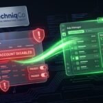 High-tech 3D conceptual illustration by TechniqCo showing a disabled Meta Business Manager dashboard with red warning alerts and broken payment card transitioning through a green energy beam to a restored Ads Manager with active green campaigns, rising ROAS chart, and verified shield.
