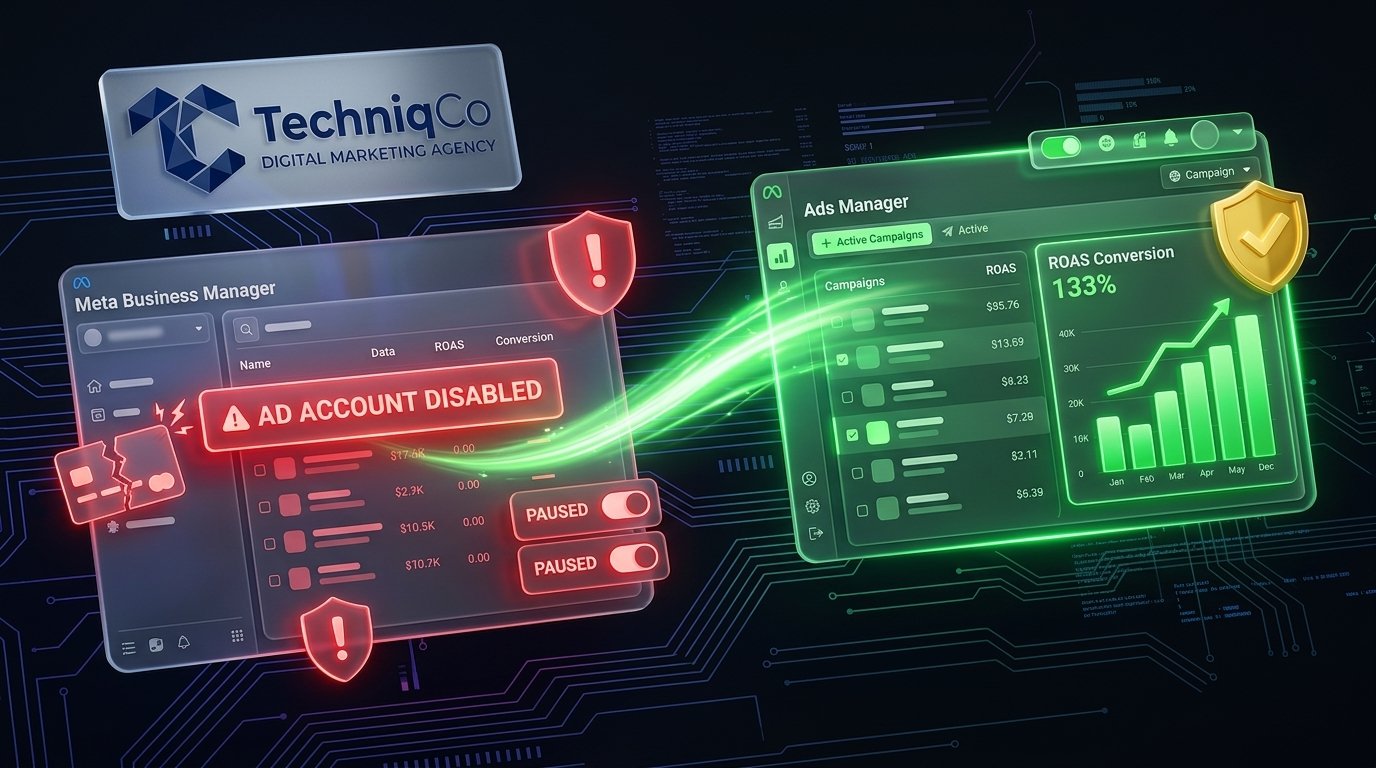 High-tech 3D conceptual illustration by TechniqCo showing a disabled Meta Business Manager dashboard with red warning alerts and broken payment card transitioning through a green energy beam to a restored Ads Manager with active green campaigns, rising ROAS chart, and verified shield.