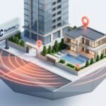 3D isometric architectural diorama showing modern glass high-rise tower, luxury villa, glowing local search radar waves, map pins, and official TechniqCo billboard.