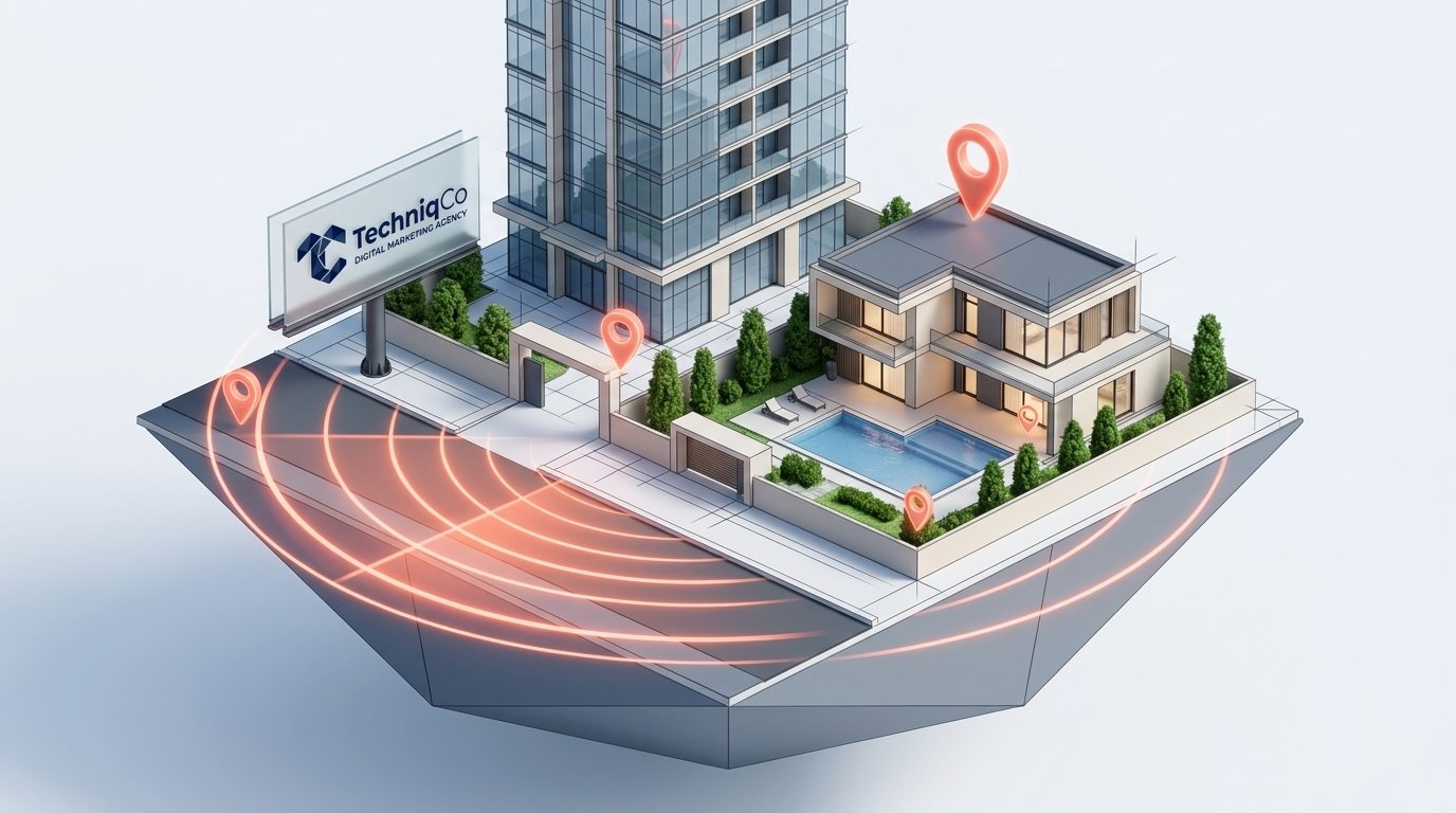 3D isometric architectural diorama showing modern glass high-rise tower, luxury villa, glowing local search radar waves, map pins, and official TechniqCo billboard.
