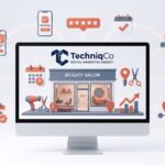 TechniqCo 3D illustration showing modern beauty salon storefront, local SEO map pins, appointment booking calendars, and 5-star customer review nodes.