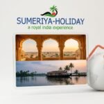 Sumeriya Holiday official travel booking platform featuring Rajasthan palace, Kerala houseboat, and Kashmir tours on laptop and mobile screen mockup.