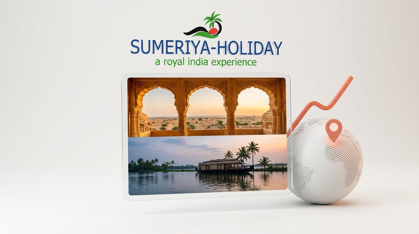 Sumeriya Holiday official travel booking platform featuring Rajasthan palace, Kerala houseboat, and Kashmir tours on laptop and mobile screen mockup.