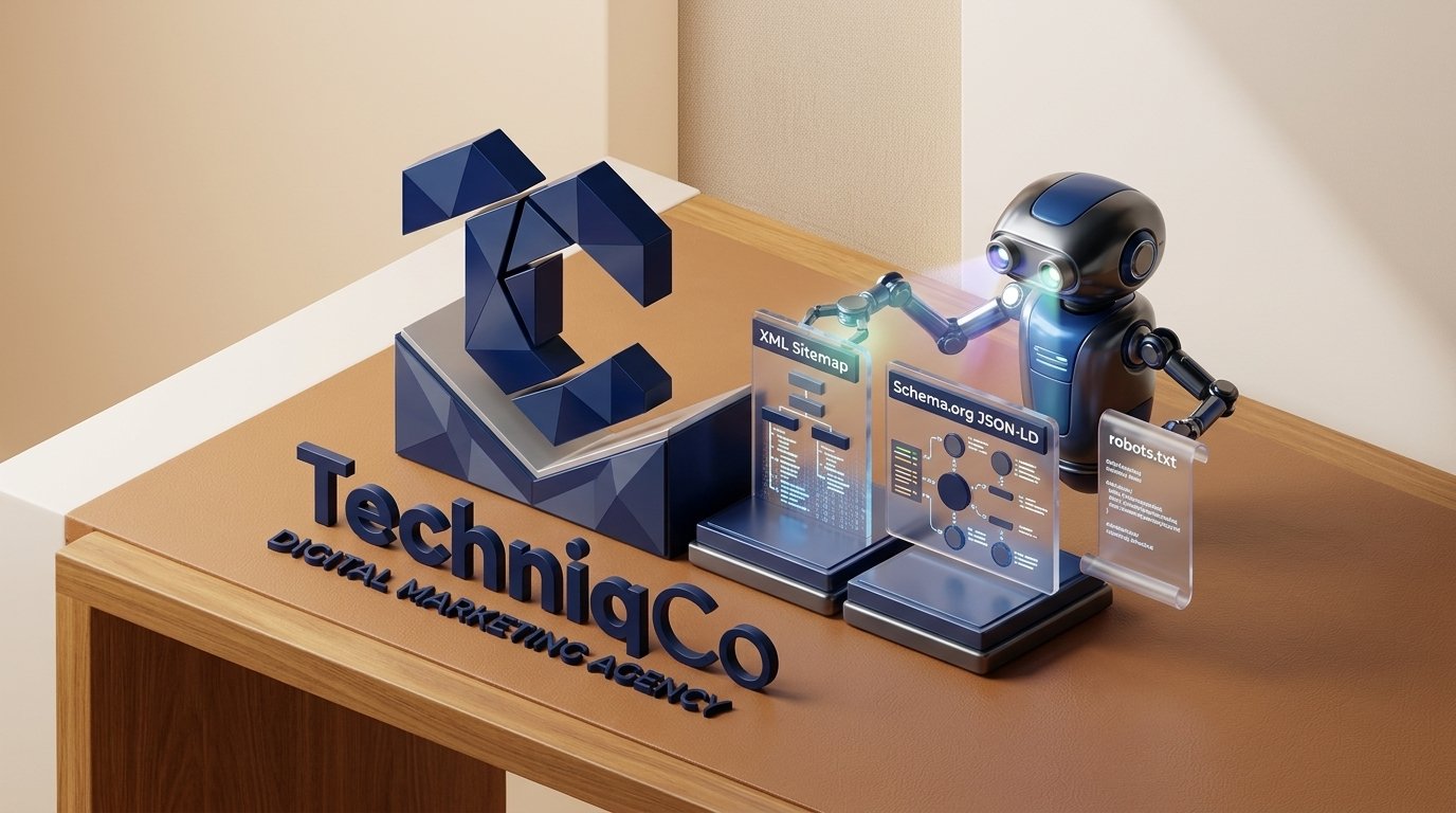 Official TechniqCo Digital Marketing Agency 3D logo featuring faceted dark navy TC emblem beside an AI crawler robot scanning XML Sitemaps, Schema.org JSON-LD code, and robots.txt security shields.