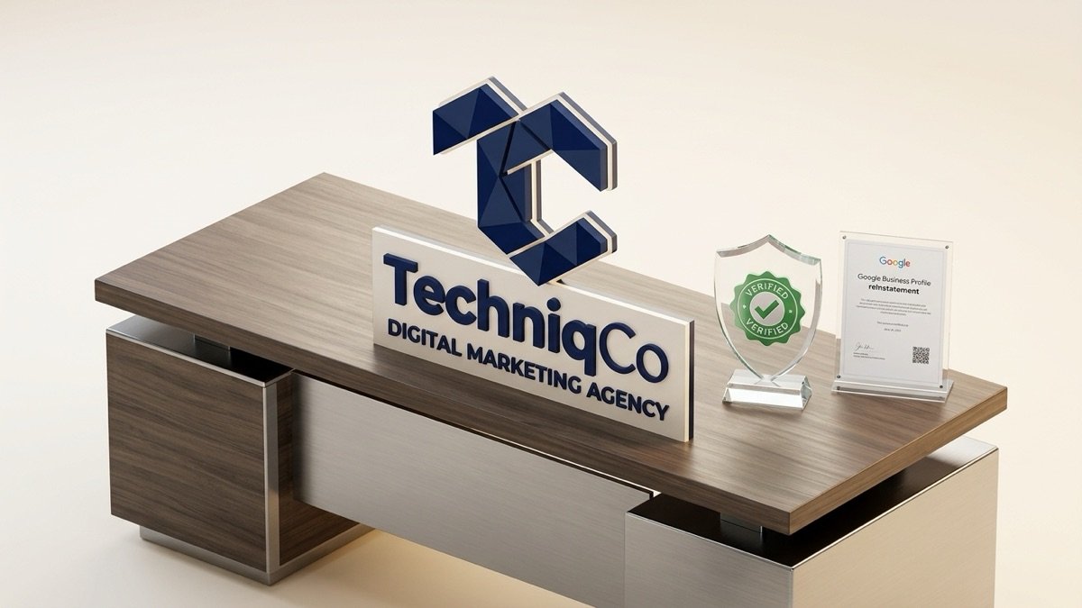 Official TechniqCo Digital Marketing Agency 3D logo featuring faceted low-poly emblem, Google Business Profile reinstatement certificate, and verified glass shield on executive desk.