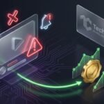 A premium 3D conceptual illustration by TechniqCo showing a YouTube monetization rejection and recovery. A frosted glass UI card with a stylized play button shows a red warning triangle and rejected status bar. Glowing neon icons include a broken dollar coin and exclamation bell. A green recovery path leads to a golden monetization badge with a rising AdSense earnings graph. TechniqCo logo is seamlessly etched on a hovering glass panel in the scene.