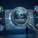 A founder silhouette stands before a glowing 3D magnifying glass analyzing a holographic business profile surrounded by six trust indicator nodes including Google Maps, reviews, website, social media, AI, and a trust shield representing the TechniqCo 7-Minute Trust Test framework