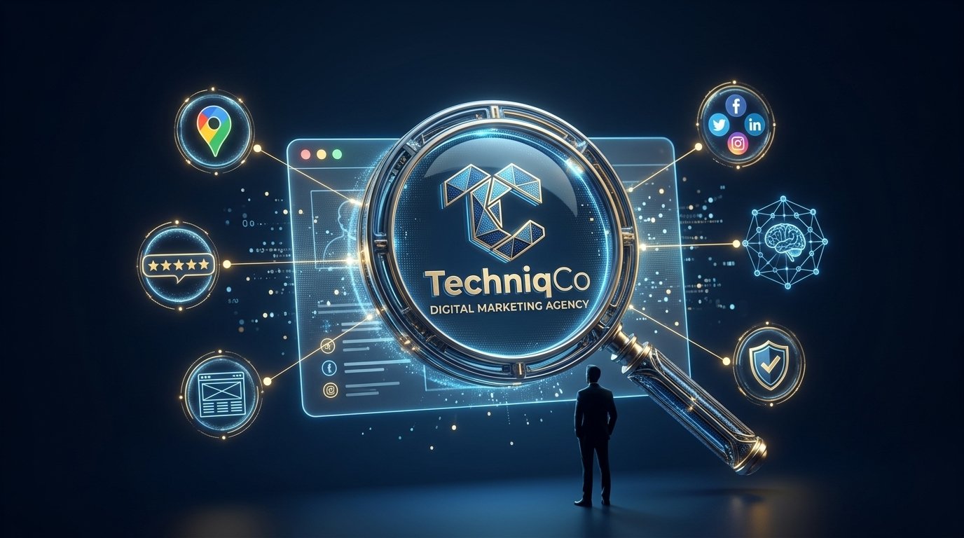 A founder silhouette stands before a glowing 3D magnifying glass analyzing a holographic business profile surrounded by six trust indicator nodes including Google Maps, reviews, website, social media, AI, and a trust shield representing the TechniqCo 7-Minute Trust Test framework