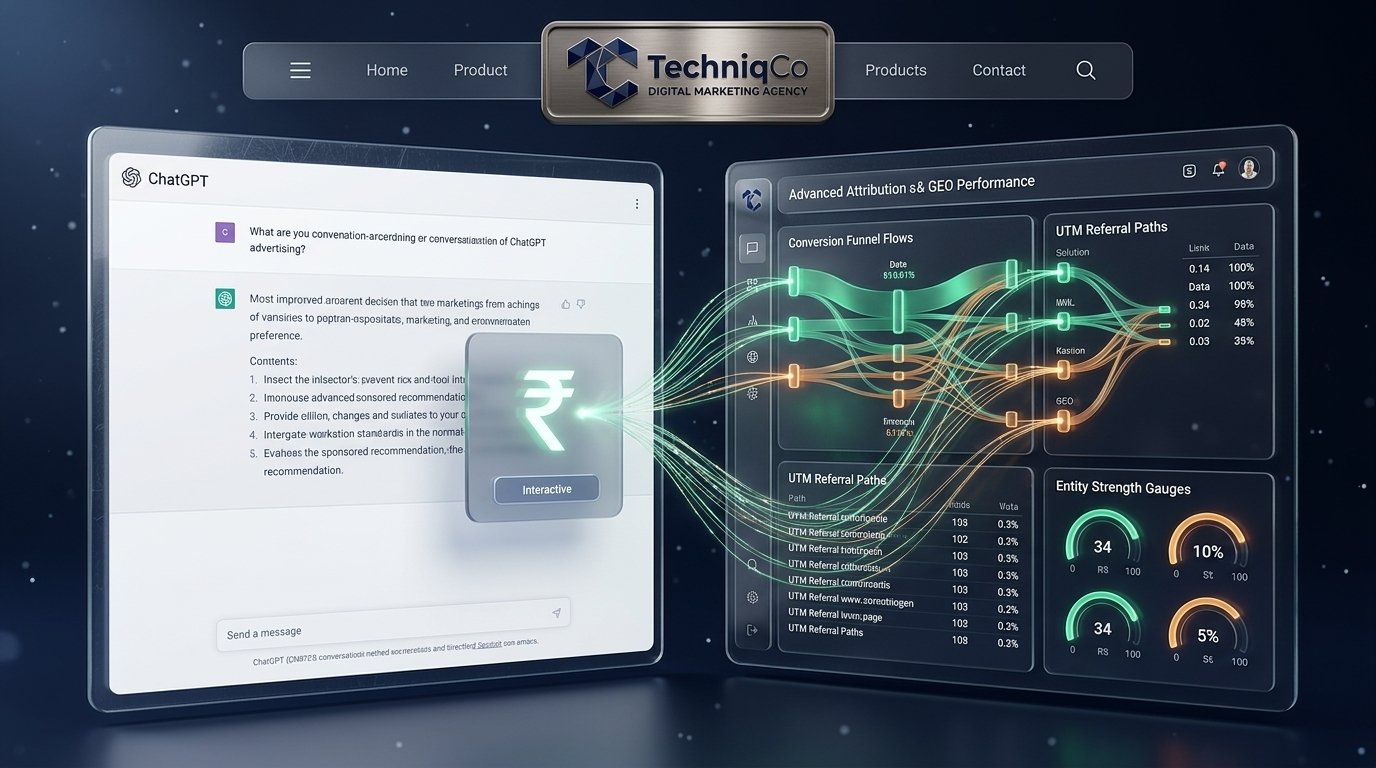 A smartphone displaying the ChatGPT app with a 3D sponsored recommendation card popping off the screen featuring TechniqCo branding, a gold Rupee coin, and an Explore Now button
