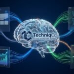 A glowing holographic AI brain surrounded by orbiting 3D panels showing keyword data, schema code blocks, content strategy graphs, and search engine results representing the TechniqCo advanced ChatGPT prompts for SEO GEO and AEO in 2026